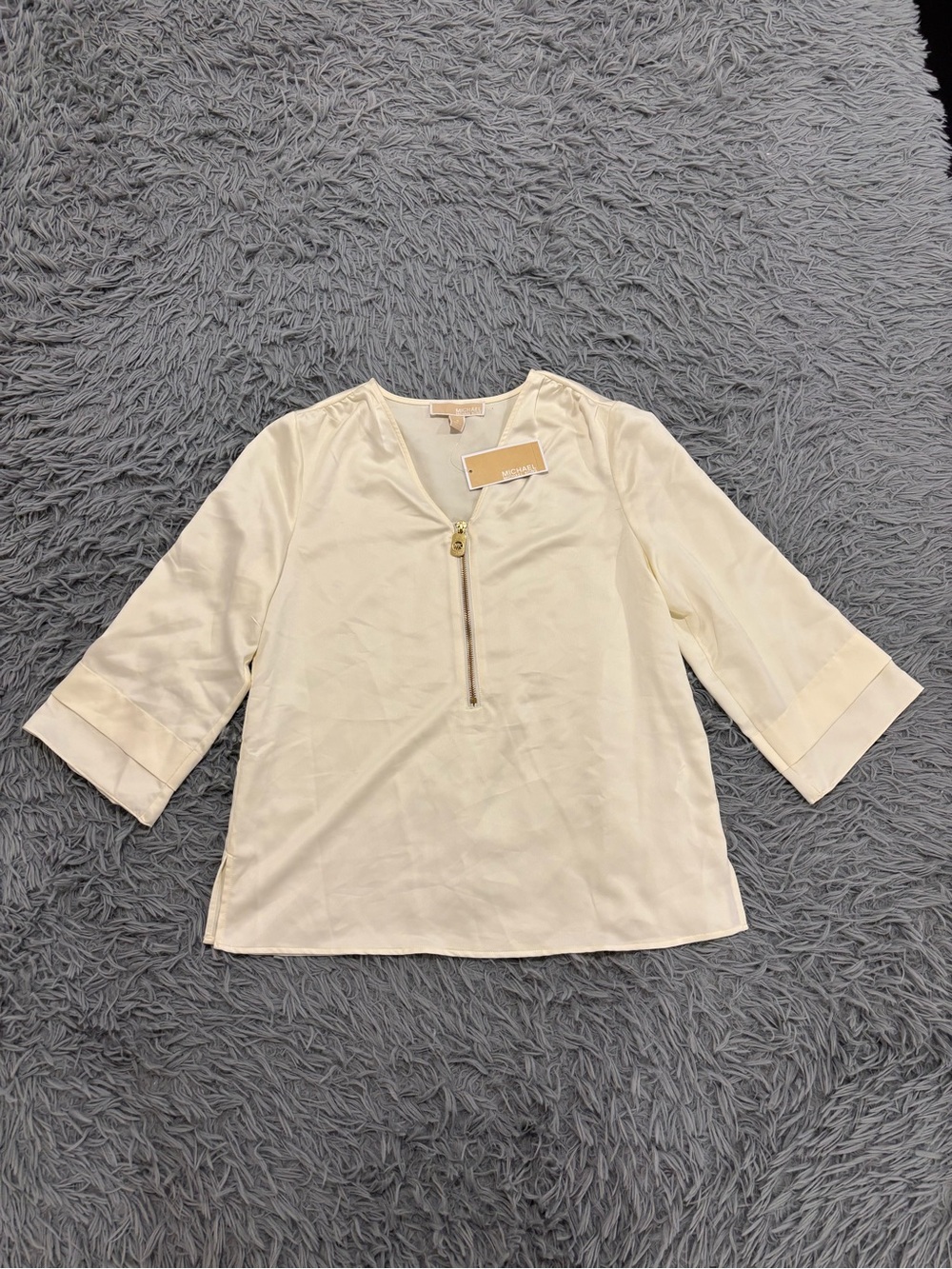 NEW Michael Kors Womens Small Bone White Satin Zip Front Blouse Minimalist Glam